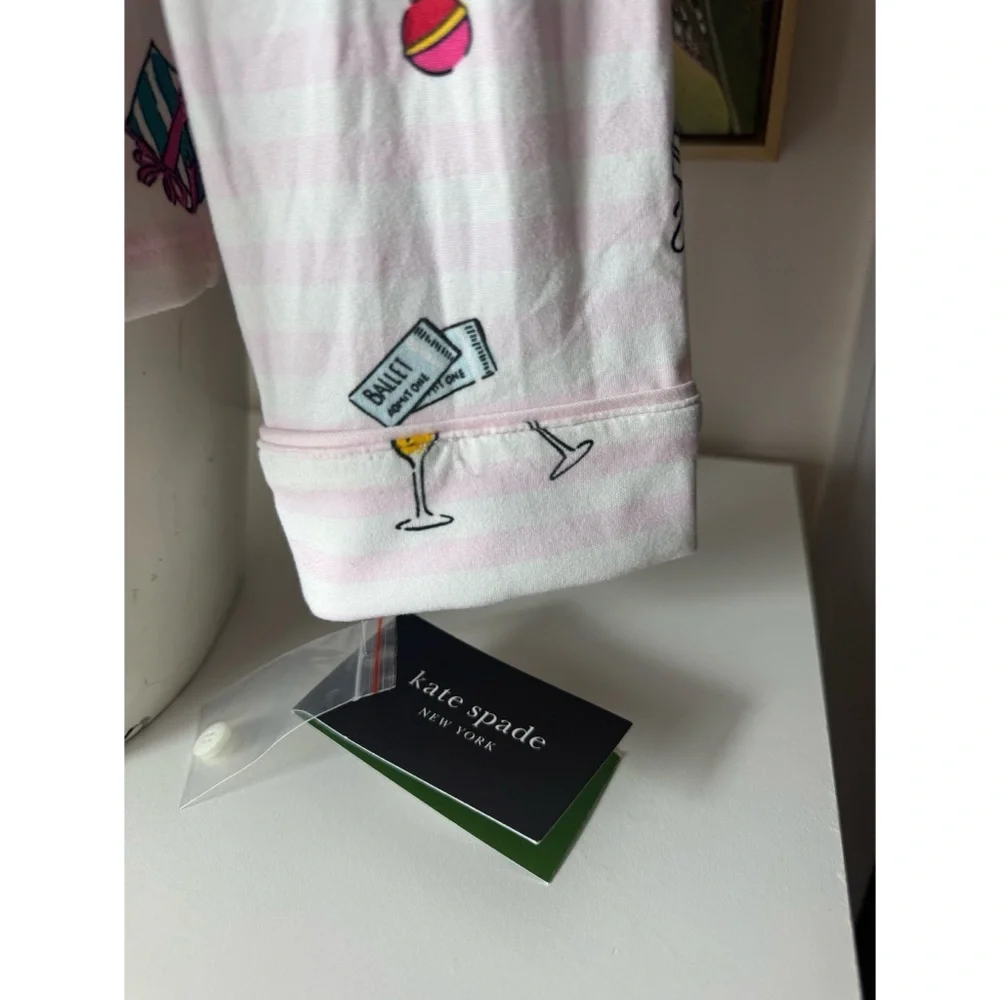 Kate Spade Holiday Cheer Pink White Stripe Button Front PJ Top Size Small
